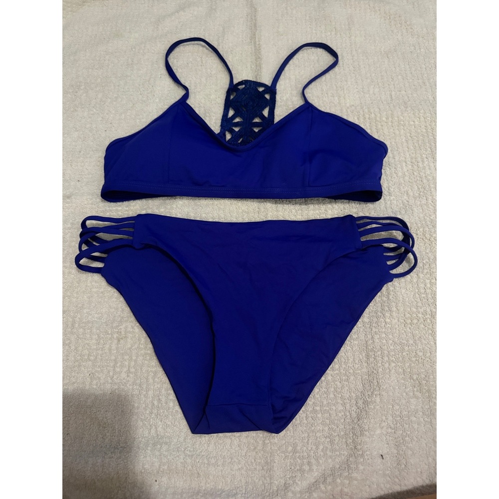 L*Space Royal Blue Macrame Racerback Bikini Set Strappy Bottoms Large NWOT